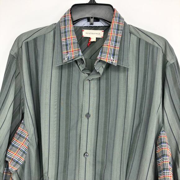 RENTRAYAGE Womens Upcycled Shirt XL Stripes Green Button Up Long Sleeve NWOT - Picture 2 of 6